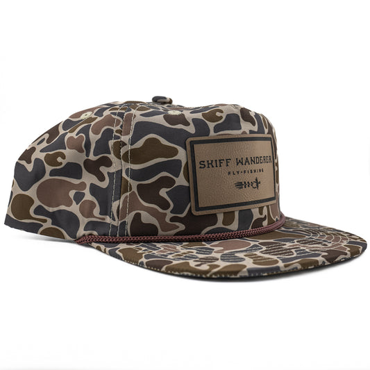 Lightweight camo fly fishing hat with snapback closure and leather patch