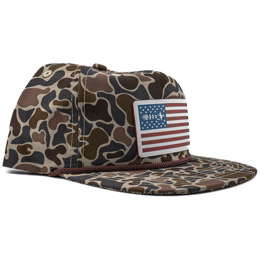 Camo rope hat featuring American Fly acrylic logo patch – breathable fly fishing hat