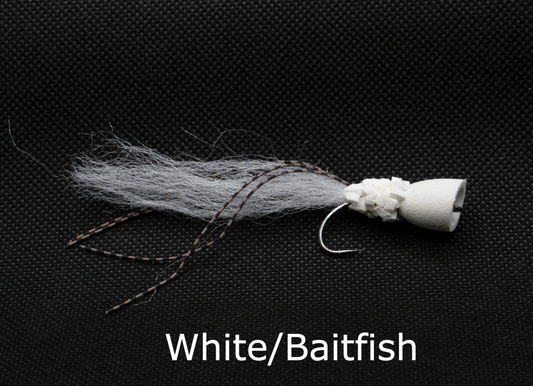 bomber popper fly tied in white and baitfish for saltwater fly fishing