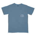 Load image into Gallery viewer, A blue t-shirt with a graphic of six essential fishing knots on the back pocket.