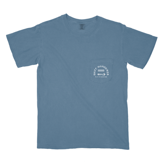 A blue t-shirt with a graphic of six essential fishing knots on the back pocket.