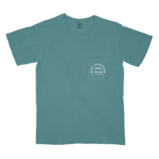 A green t-shirt with a graphic on the front showing a fishing reel and the text 'Fishing Knots 101'.