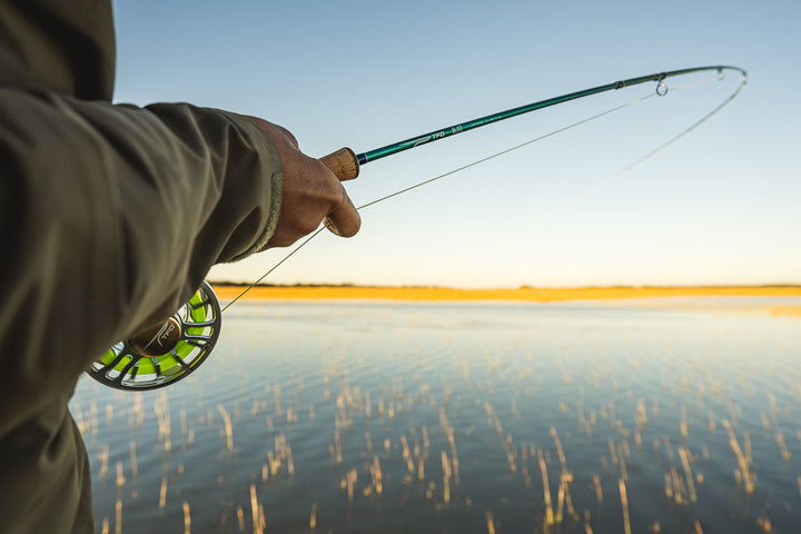 Person fly fishing on a marsh flat with a clear sky