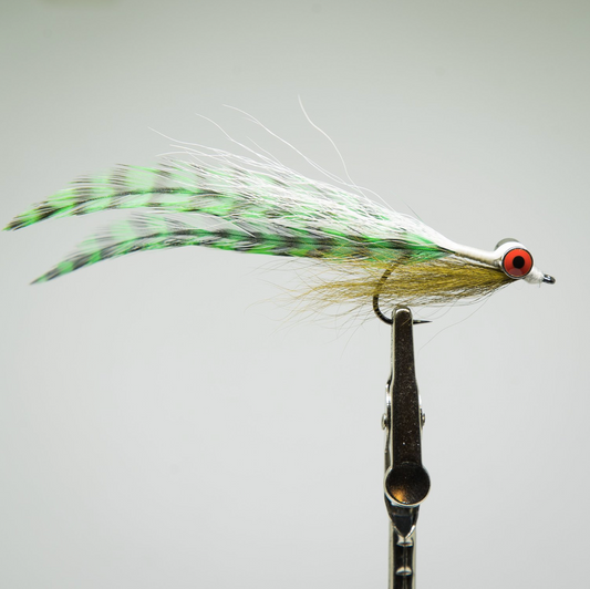 clouser fly tied with green hackle for saltwater fly fishing