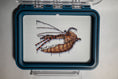 Load image into Gallery viewer, A clear plastic fly box with a blue trim, featuring a crab pattern illustration on the lid.
