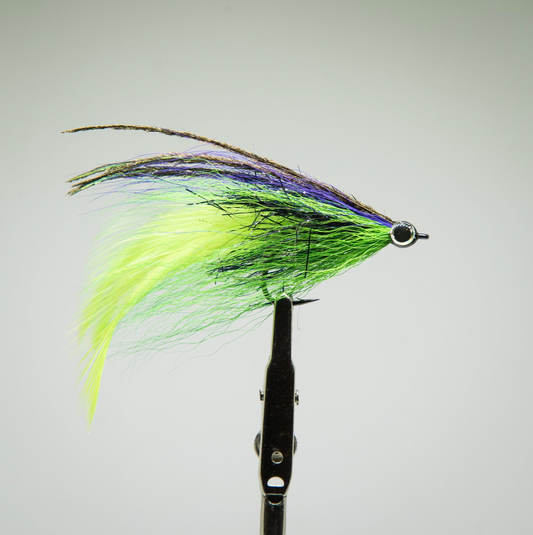green and purple fly on a single hook looks similar to a deceiver pattern used for saltwater fly fishing