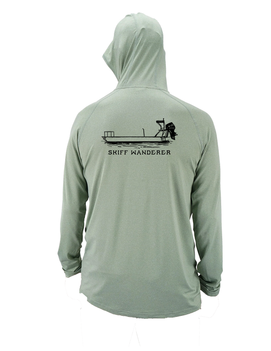 aftco samauri hoodie with picture of a skiff and skiff wanderer logo on it in olive color
