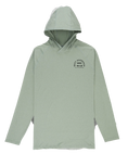Load image into Gallery viewer, A hooded shirt in olive green color with a logo on the chest and a hood that covers the head and neck.