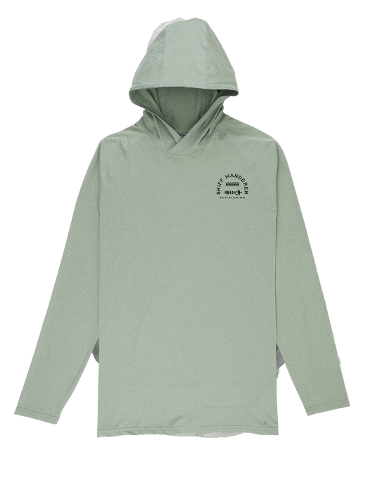 A hooded shirt in olive green color with a logo on the chest and a hood that covers the head and neck.