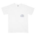 Load image into Gallery viewer, A white crew neck t-shirt with a blue and navy blue patch on the left chest area.
