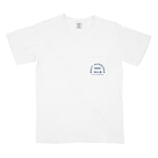 A white crew neck t-shirt with a blue and navy blue patch on the left chest area.