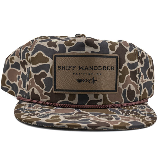 Camo rope hat featuring leather Skiff Wanderer logo patch – breathable fishing hat