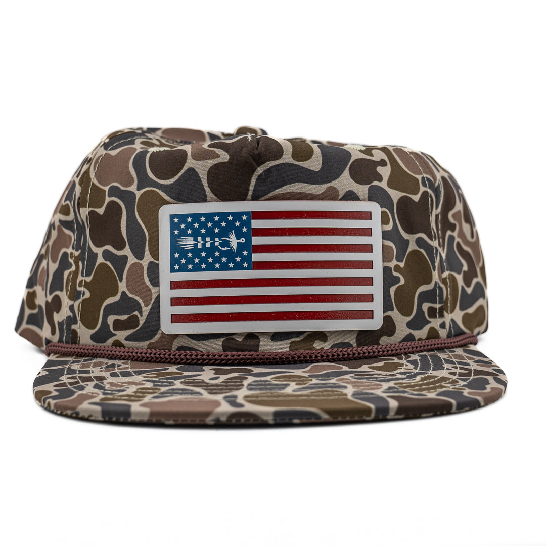 American Fly camo rope hat with acrylic patch – fly fishing lifestyle cap