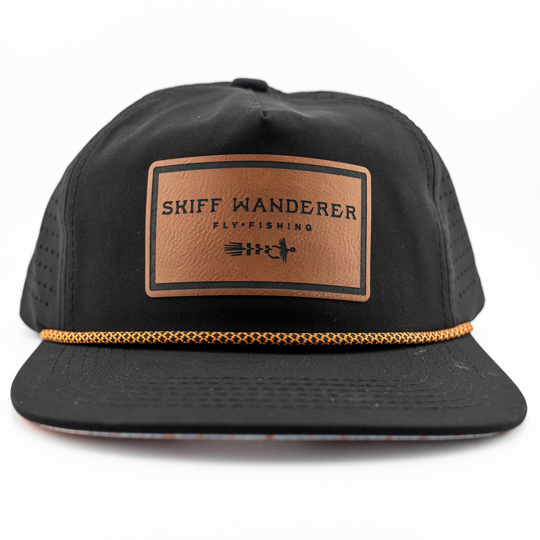 Front view of American Fly Redfish Hat featuring Skiff Wanderer patch and rope detail