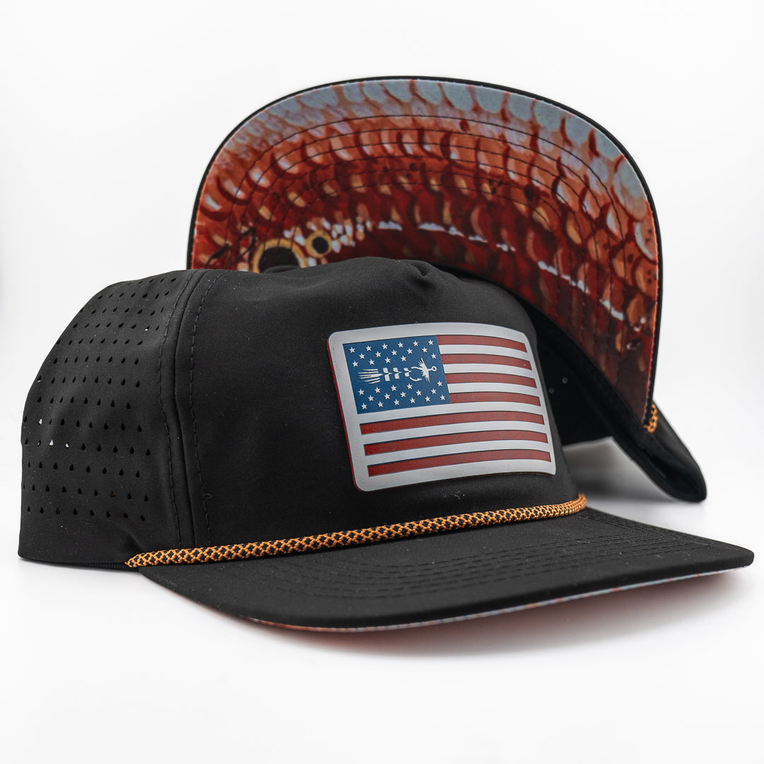 Under-bill redfish artwork by Travis Luther on American Fly collaboration hat