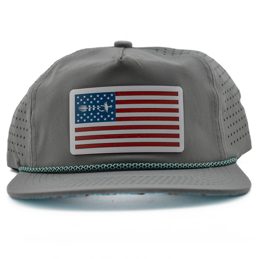 Front view of American Fly Tarpon Hat featuring Skiff Wanderer patch and rope detail