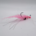 Load image into Gallery viewer, A pink fishing fly lure with a black bead eye, glitter fibers, and a silver hook, photographed on a plain light gray background.
