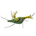 Load image into Gallery viewer, A handcrafted fishnet crab fly used for saltwater fishing, featuring a green body with yellow accents and flexible rubber legs.
