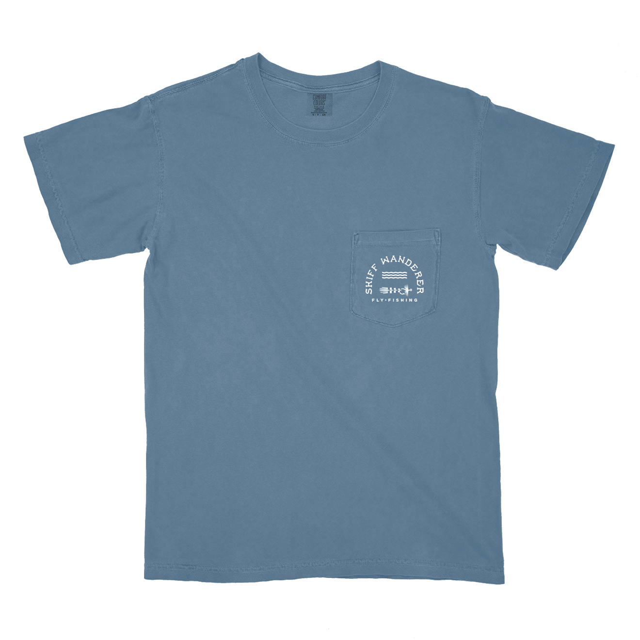 A blue t-shirt with a graphic of six essential fishing knots on the back pocket.