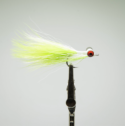 clouser fly tied with white and chartreuse marabou for saltwater fly fishing