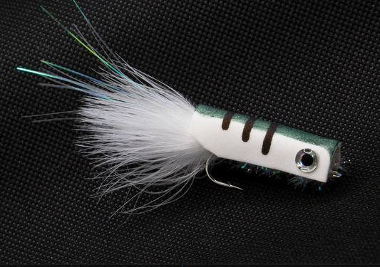 white and green fly made with foam and white feathers with a single hook for saltwater fly fishing