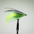 Load image into Gallery viewer, green and purple fly on a single hook looks similar to a deceiver pattern used for saltwater fly fishing
