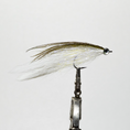 Load image into Gallery viewer, powerhouse fly tied with white and olive colors on a single hook for saltwater fly fishing
