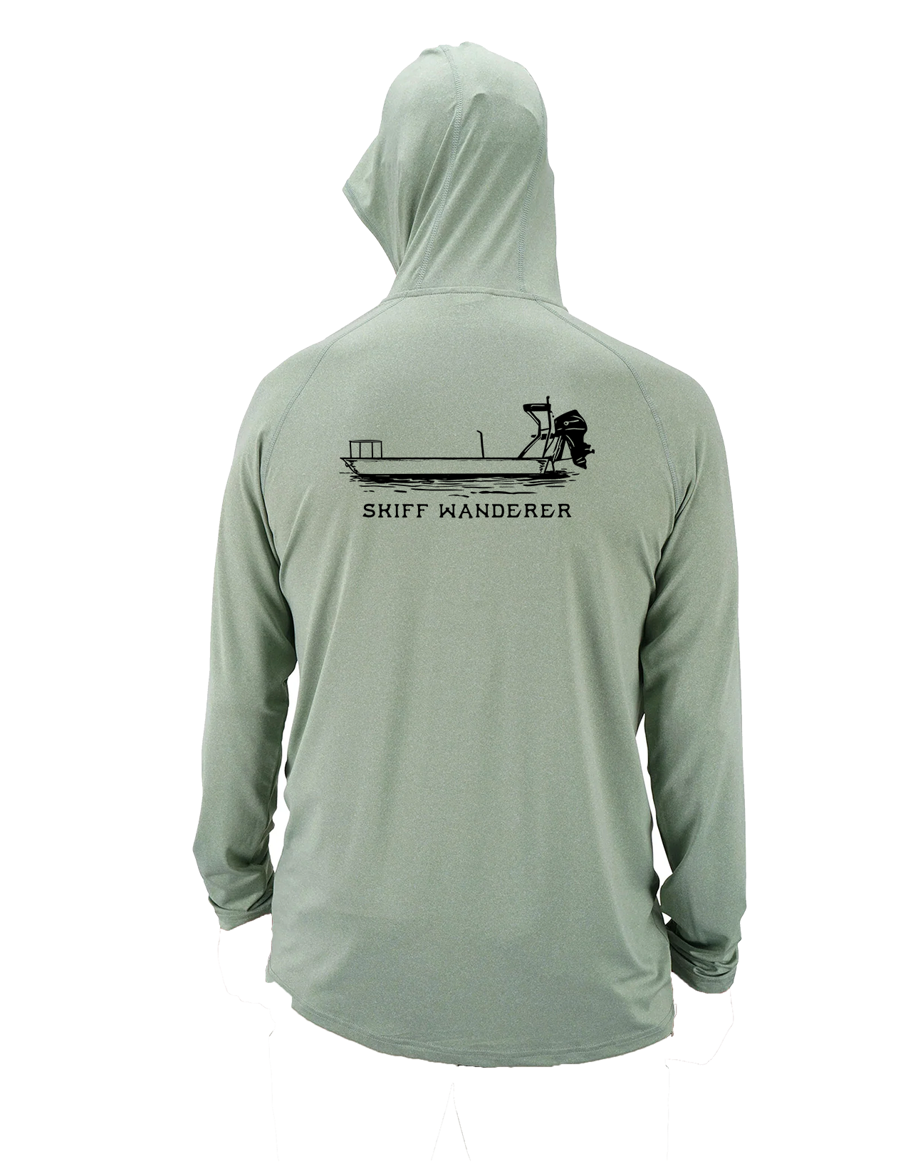 aftco samauri hoodie with picture of a skiff and skiff wanderer logo on it in olive color