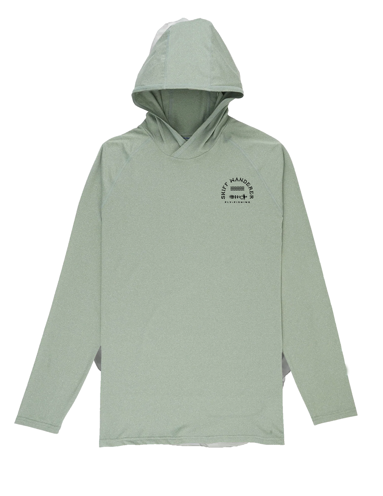 A hooded shirt in olive green color with a logo on the chest and a hood that covers the head and neck.