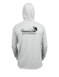 Load image into Gallery viewer, A white hoodie with a hood, featuring a logo on the front and a back view of a person wearing the hoodie.
