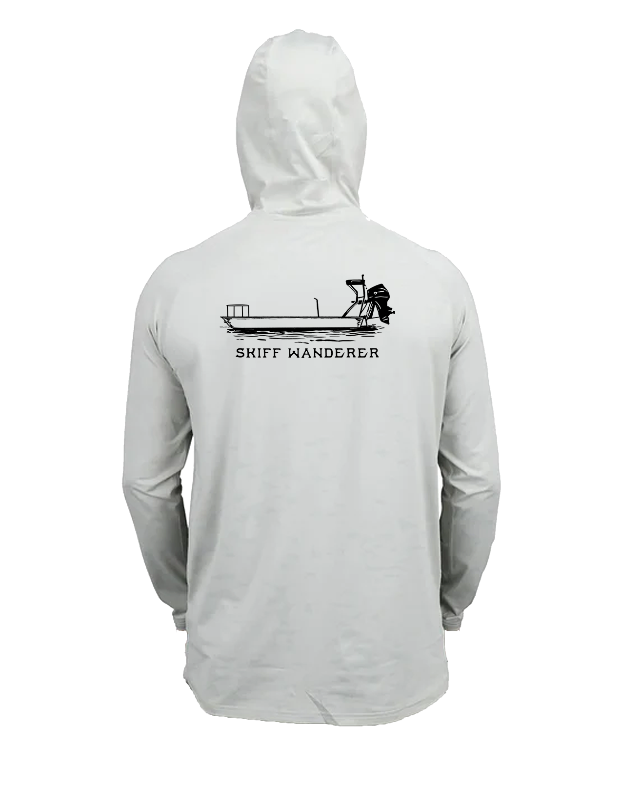 A white hoodie with a hood, featuring a logo on the front and a back view of a person wearing the hoodie.