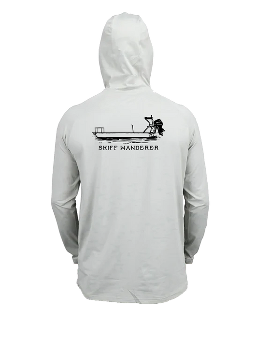 A white hoodie with a hood, featuring a logo on the front and a back view of a person wearing the hoodie.
