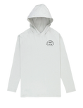 Load image into Gallery viewer, A white hoodie with a hood, featuring a logo on the front and a back view of a person wearing the hoodie.
