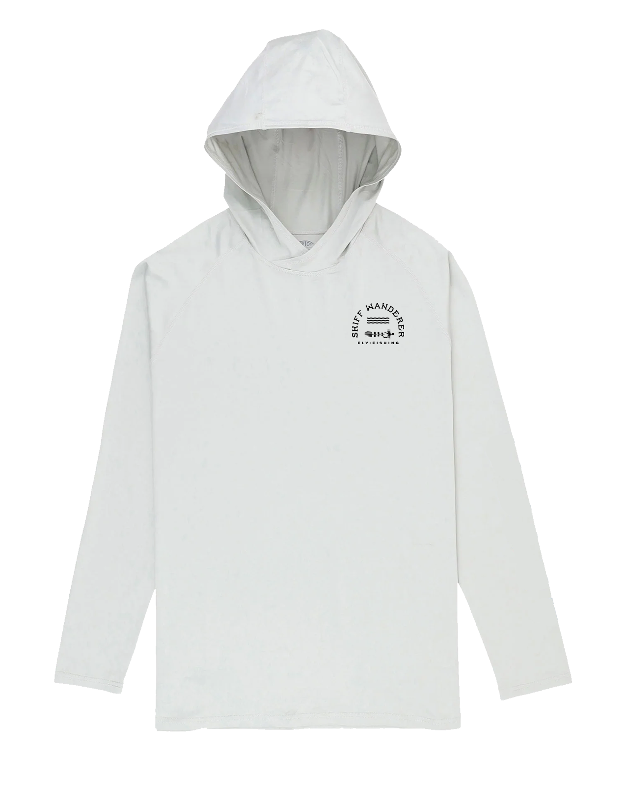 A white hoodie with a hood, featuring a logo on the front and a back view of a person wearing the hoodie.