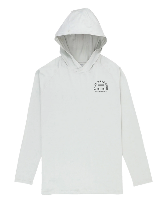 A white hoodie with a hood, featuring a logo on the front and a back view of a person wearing the hoodie.