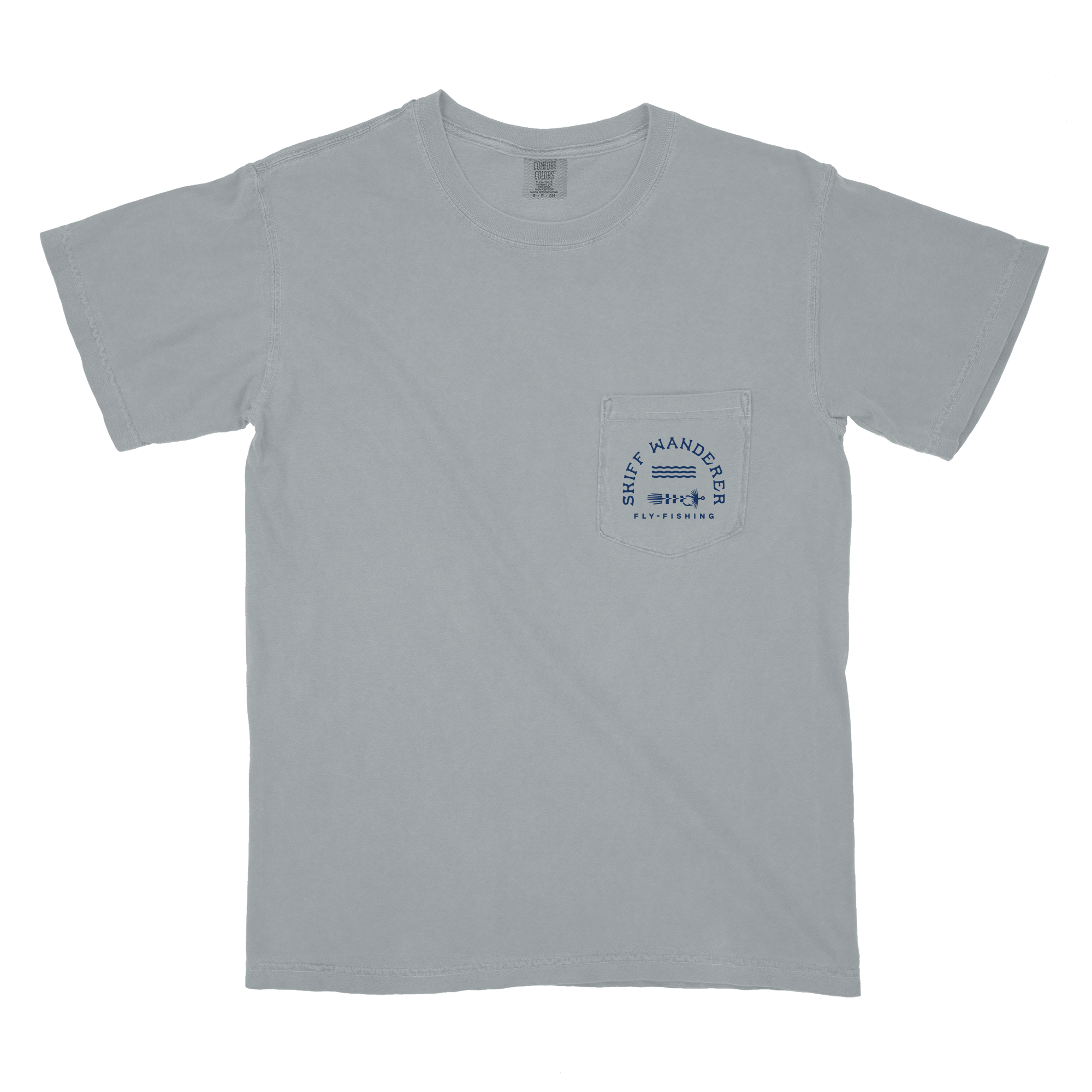 Grey American Fly T-shirt with a blue logo on the front pocket.