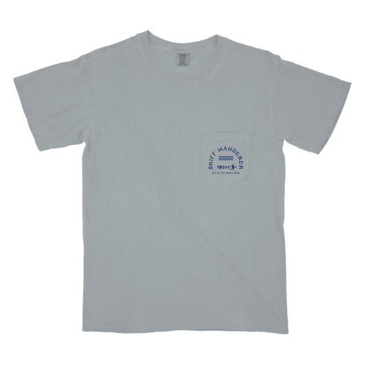Grey American Fly T-shirt with a blue logo on the front pocket.